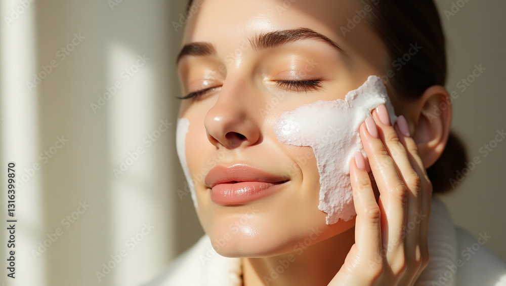 A person cleansing their face with a white, soapy cloth. The person has their eyes closed, and appears to be enjoying the cleansing process. The image is likely about skincare.
A person cleansing their face with a white, soapy cloth. The person has their eyes closed, and appears to be enjoying the cleansing process. The image is likely about skincare.