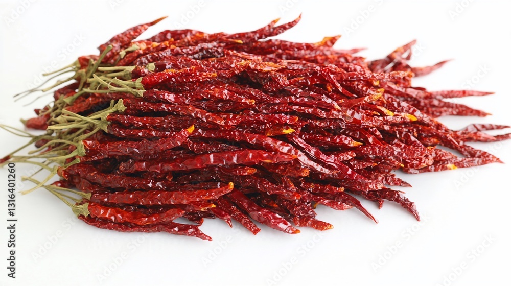 Naklejka premium Pile of Dried Red Chili Peppers on White Background High Contrast Spicy Ingredient