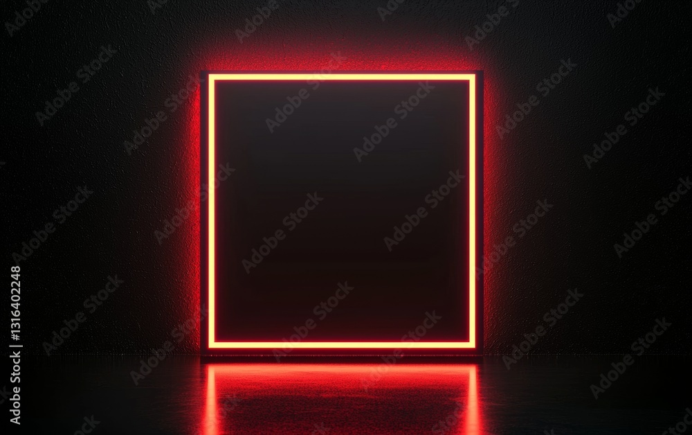 Neon red square light installation illuminated against a dark background creating an artistic ambiance Neon red square light installation illuminated against a dark background creating an artistic ambiance