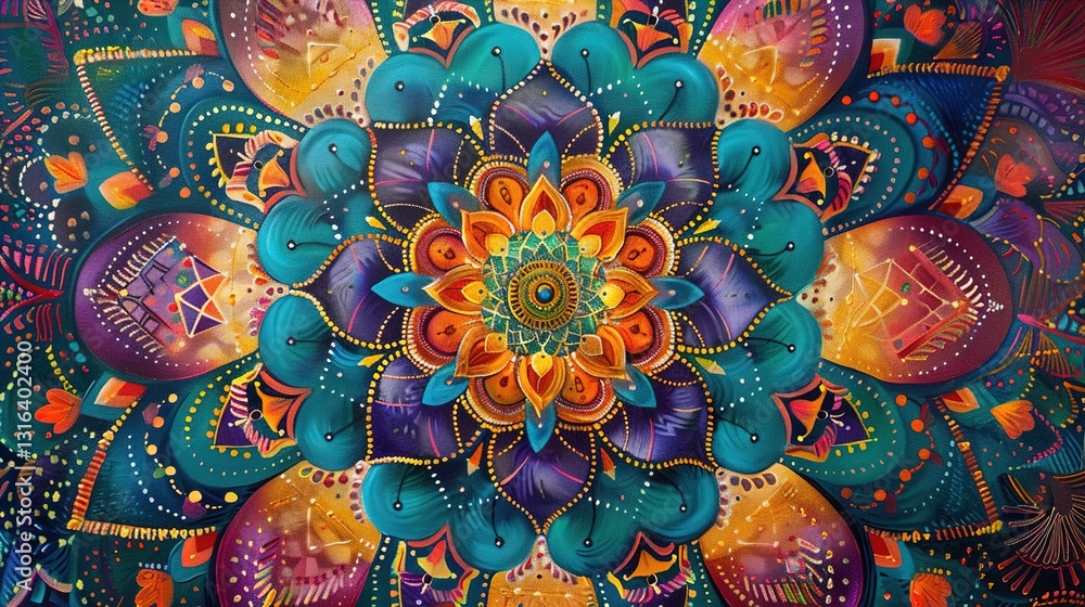 A detailed painting of an intricate mandala with vibrant colors and patterns, displayed on a solid background.