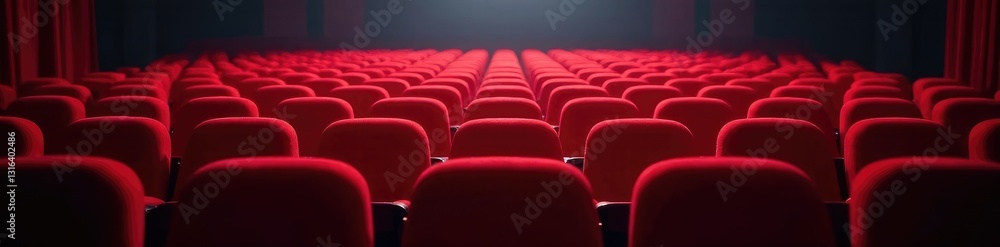 Fototapeta premium Empty red theater seats filled with soft light, stage, dimly