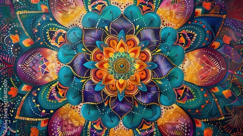 Obraz na płótnie A detailed painting of an intricate mandala with vibrant colors and patterns, displayed on a solid background. w salonie