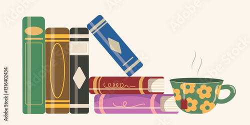 Stack of books with a cup of tea, Concept of reading and literature. Education and knowledge vector concept.