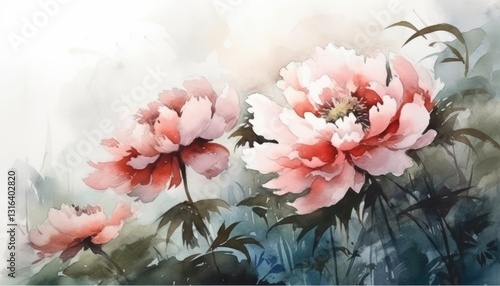 Watercolor Painting of Pink Flowers in a Garden Setting