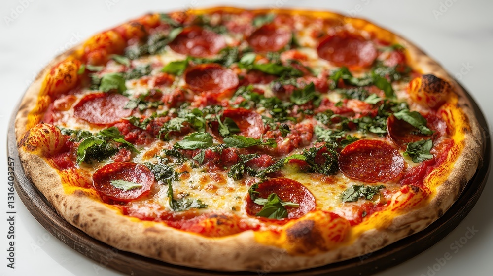 A round, golden pizza, its toppings a vibrant tapestry of tomato sauce, cheese, pepperoni, and vegetables, stands proudly against a stark white backdrop, a testament to culinary artistry. A round, golden pizza, its toppings a vibrant tapestry of tomato sauce, cheese, pepperoni, and vegetables, stands proudly against a stark white backdrop, a testament to culinary artistry.