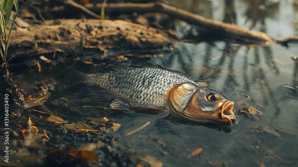Fototapeta premium Dead Fish Floating Upside Down in Murky Water with Banks