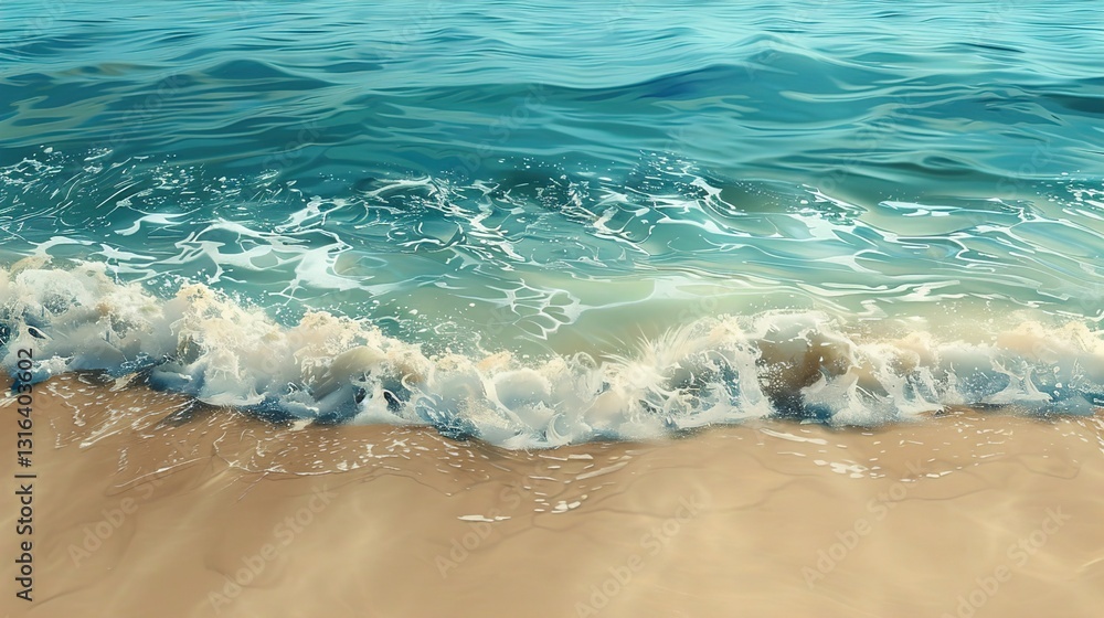 A detailed painting of a serene beach scene with waves gently lapping at the shore, against a solid background.