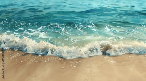 Obraz na płótnie A detailed painting of a serene beach scene with waves gently lapping at the shore, against a solid background. w salonie