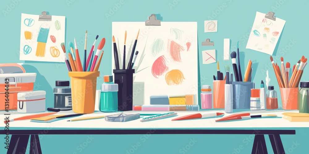 A Colorful Arrangement of Art Supplies on a White Table A Colorful Arrangement of Art Supplies on a White Table