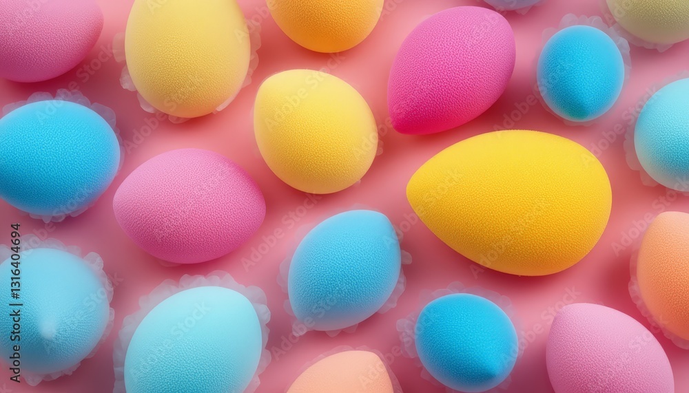 A colorful pastel set of makeup sponges is scattered on a pink background. Suitable for beauty, cosmetics, and design themes. A colorful pastel set of makeup sponges is scattered on a pink background. Suitable for beauty, cosmetics, and design themes.