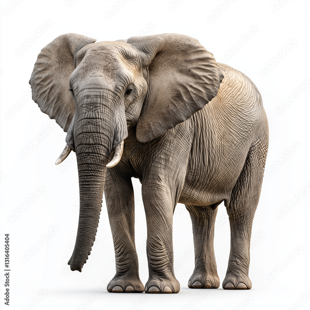 Fototapeta premium Front View of Majestic African Elephant with Large Tusks Isolated on White Background