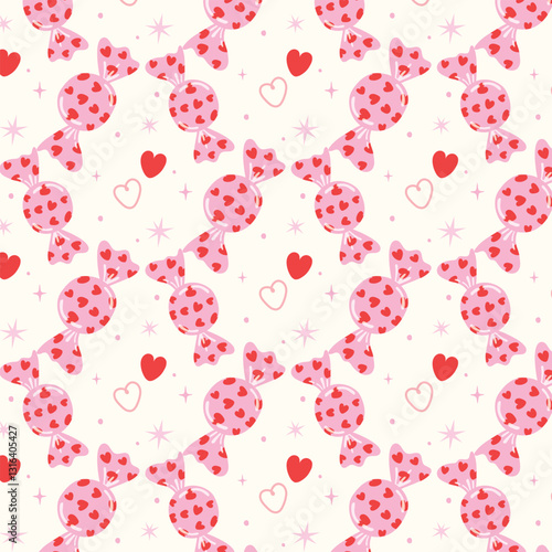 Trellis seamless pattern with candy and hearts.  Vector design for fabric, wallpaper and decoration design. 