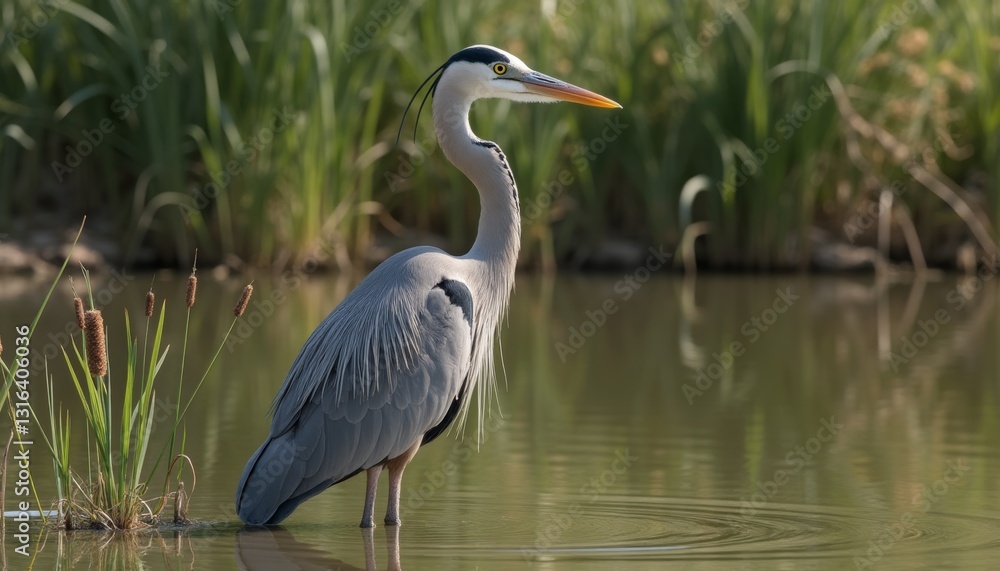 Great blue heron stands gracefully in shallow water, surrounded by lush green reeds and cattails. Nature and wildlife photography. Great blue heron stands gracefully in shallow water, surrounded by lush green reeds and cattails. Nature and wildlife photography.