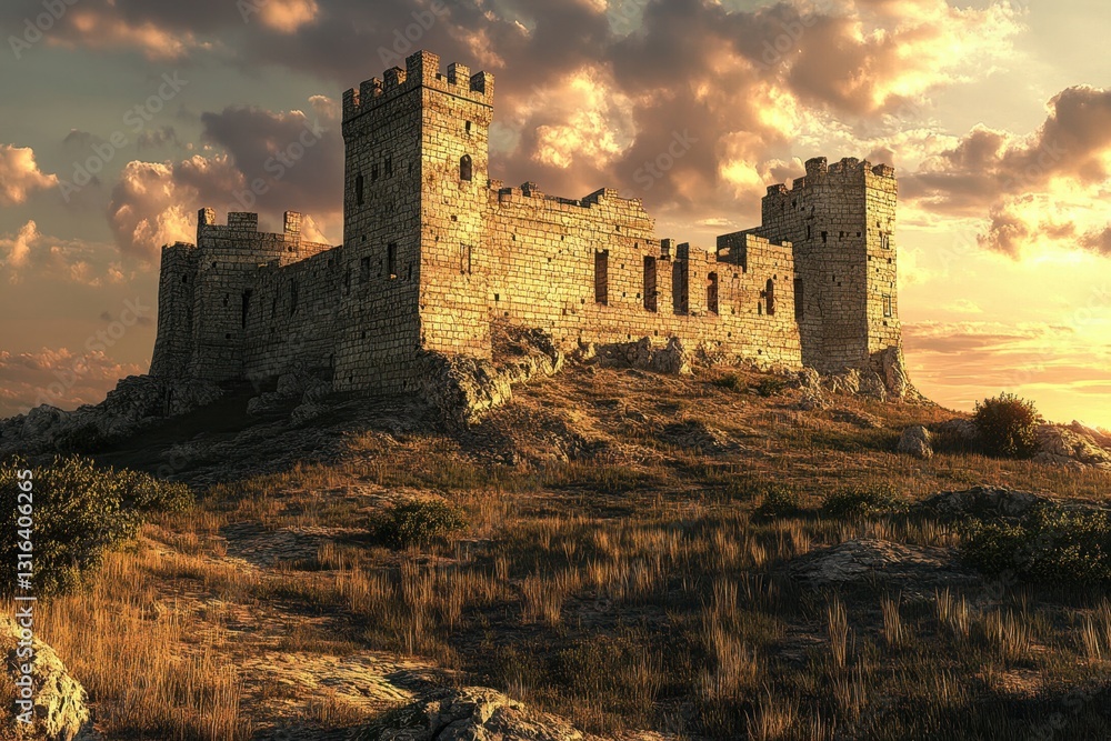 Fototapeta premium Historic castle ruins on rocky terrain under a colorful sky at sunset