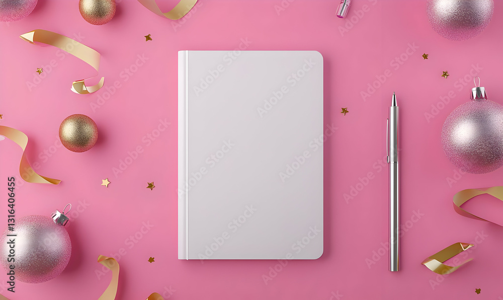 Fototapeta premium Blank Notebook and Pen with Christmas Ornaments on Pink Background