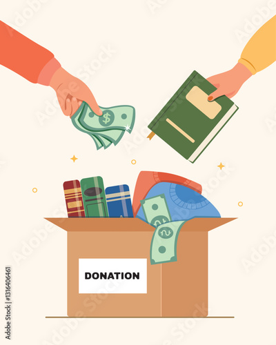 Support and help people concept. illustration of a Hand holding box with a gift for donation, clothing donation and charity concept.