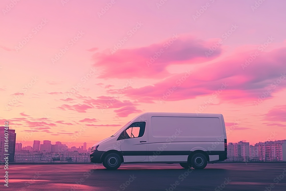 Fototapeta premium A clean white delivery van under pastel pink skies at sunrise in an urban setting. picture