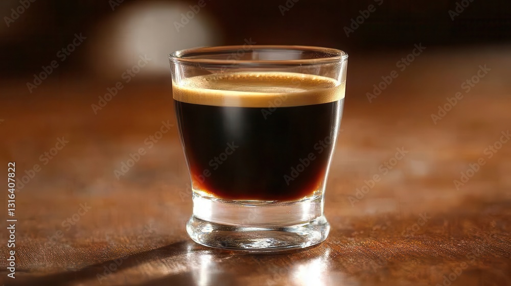 A rich dark espresso, its aroma swirling like a halo, sat in a crystal clear glass, resting on a warm brown wooden surface. A rich dark espresso, its aroma swirling like a halo, sat in a crystal clear glass, resting on a warm brown wooden surface.