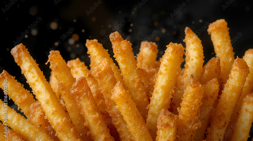 Crispy fried potatoes french fries on black background, fried, crispy, potatoes, french fries, crunchy, snack Crispy fried potatoes french fries on black background, fried, crispy, potatoes, french fries, crunchy, snack