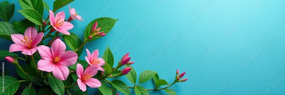 Green leaves and pink flowers in a blue background, blue, foliage Green leaves and pink flowers in a blue background, blue, foliage