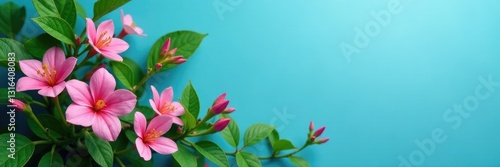 Green leaves and pink flowers in a blue background, blue, foliage