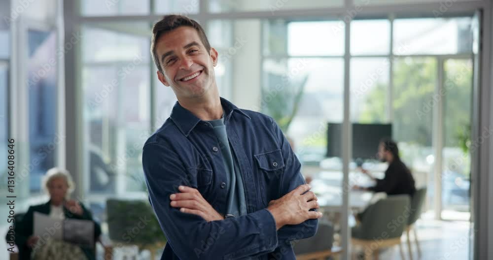 Happy, face and man with arms crossed, business and confident for career growth in company. Creative, ambitious and person in agency, smile and opportunity for media strategist or public relations Happy, face and man with arms crossed, business and confident for career growth in company. Creative, ambitious and person in agency, smile and opportunity for media strategist or public relations