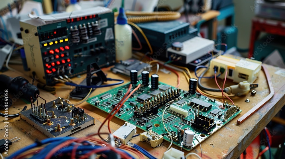 A detailed shot of a DIY electronics kit with circuit boards, wires, and soldering tools.