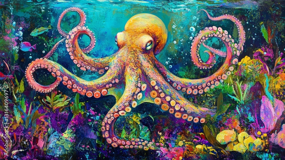 Obraz premium Octopus in a Colorful Underwater Garden with Coral Reef and Fish