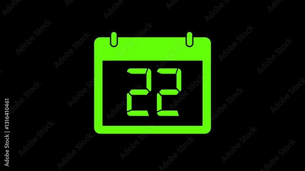 Calendar animation of the 22th day of the month on a black background. Date 22 animation with calender. Green color Calendar with date animation. Time and date management schedule icon. Calendar animation of the 22th day of the month on a black background. Date 22 animation with calender. Green color Calendar with date animation. Time and date management schedule icon.