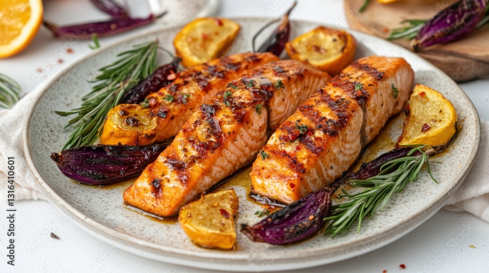 Roasted Salmon with Honey Glaze and Vegetables on Plate Roasted Salmon with Honey Glaze and Vegetables on Plate