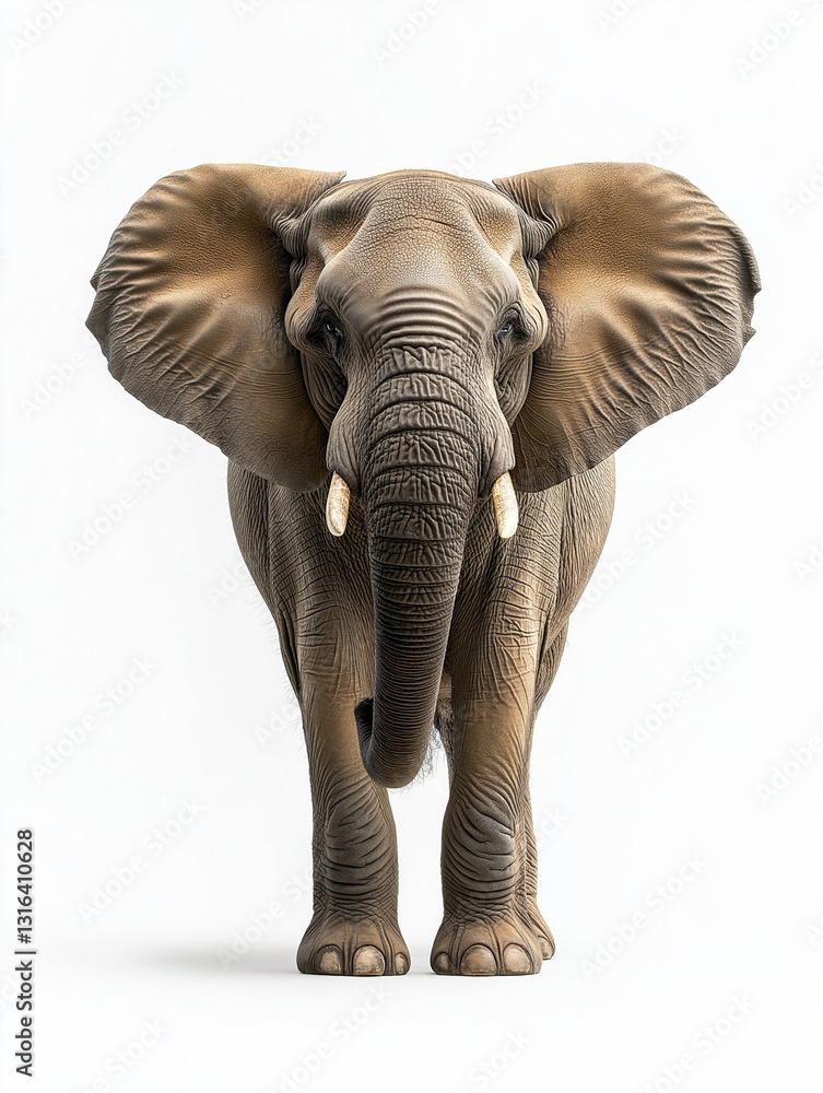 Fototapeta premium Front View of Majestic African Elephant with Large Tusks Isolated on White Background