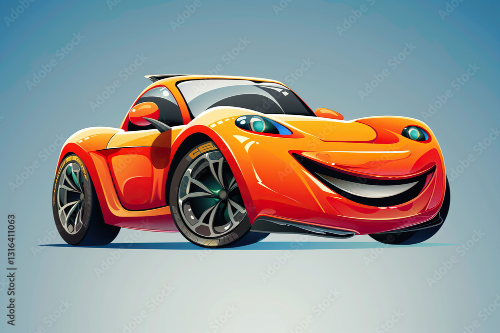 Naklejka premium Beautiful colorful fictional cartoon car with pronounced headlights, abstract vivid composition consists of fictional unreal fantastic vision on background