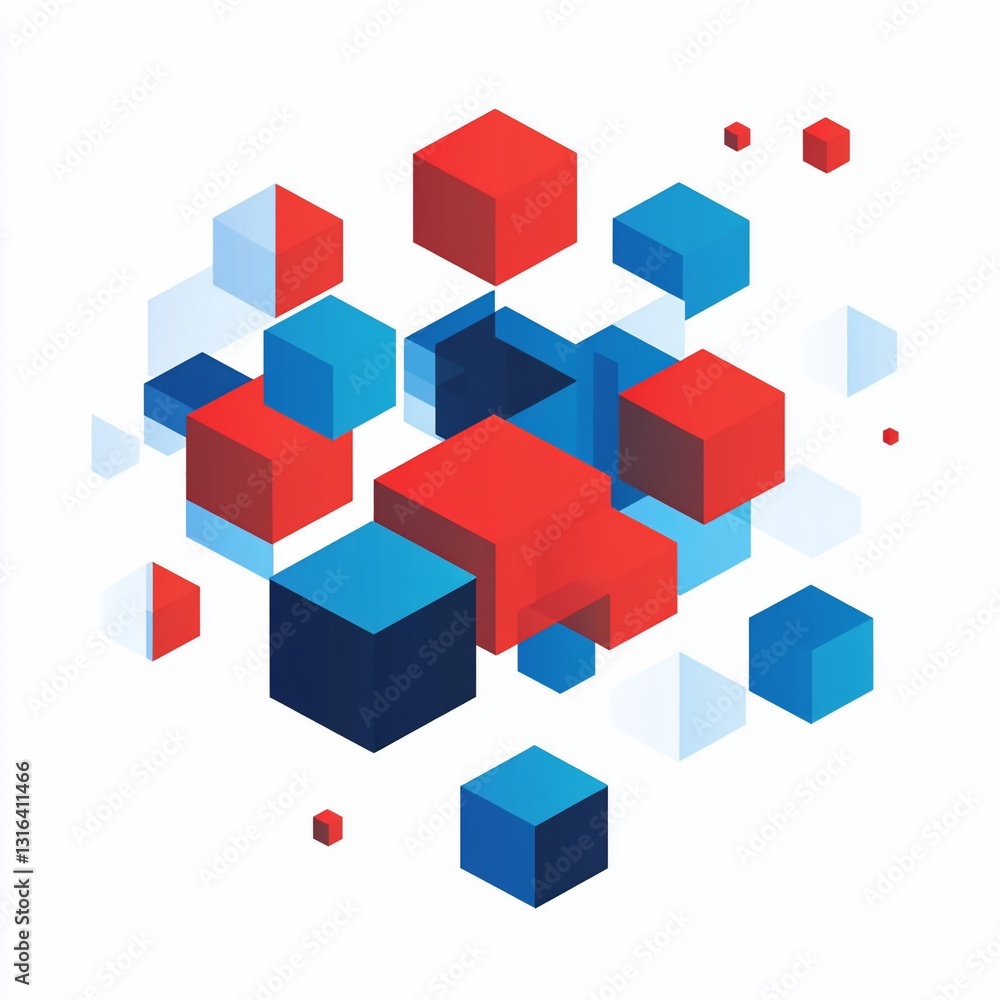 Abstract geometric cubes, various sizes and colours, on white background, potential use for tech, data visualization Abstract geometric cubes, various sizes and colours, on white background, potential use for tech, data visualization
