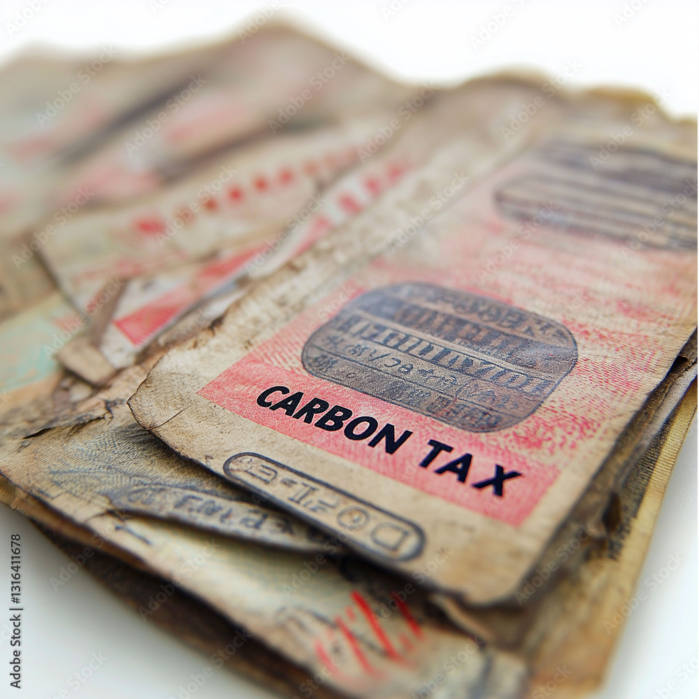 Obraz premium Carbon tax climate change decarbonization. CO₂ tax. Pollution pricing. Carbon credits. Clip art. Image depicting a carbon tax stamp on an energy bill document.