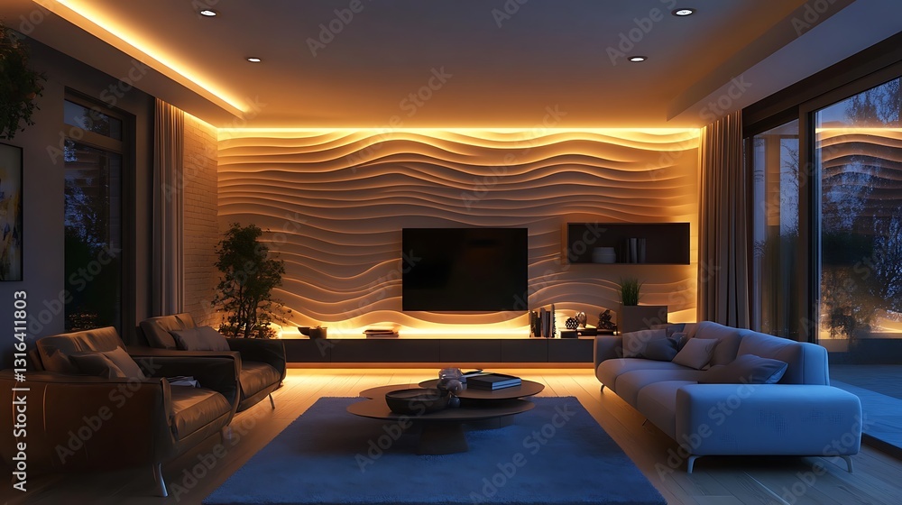 Modern living room with wave-patterned wall, ambient lighting, and comfortable seating. Modern living room with wave-patterned wall, ambient lighting, and comfortable seating.