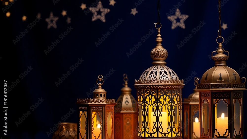 Golden Ramadan Lanterns Glowing Warmly Under A Starry Night Sky, Casting A Magical, Peaceful Ambiance Golden Ramadan Lanterns Glowing Warmly Under A Starry Night Sky, Casting A Magical, Peaceful Ambiance