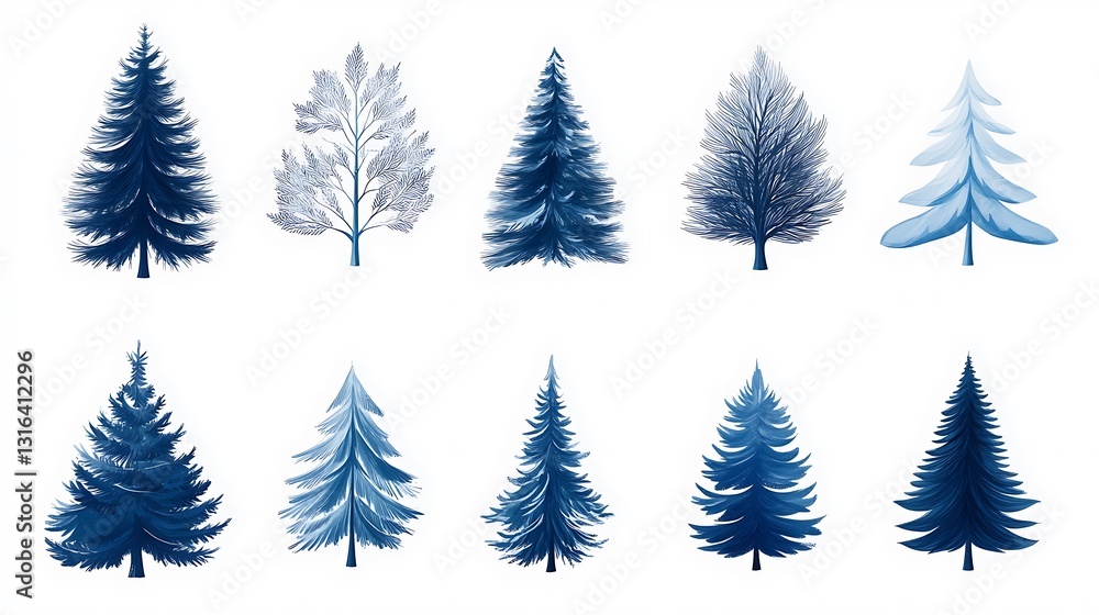 Obraz premium Winter Blues: A Collection of Hand-Drawn Evergreen and Deciduous Trees AI Generated