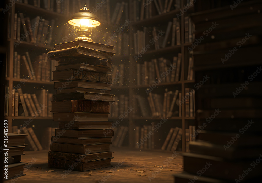 A towering stack of ancient books in a dusty library corner. A towering stack of ancient books in a dusty library corner.