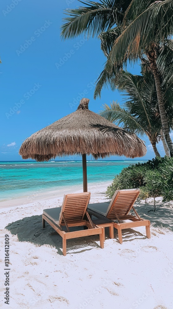 Tranquil tropical retreat lounge chairs by the ocean Tranquil tropical retreat lounge chairs by the ocean