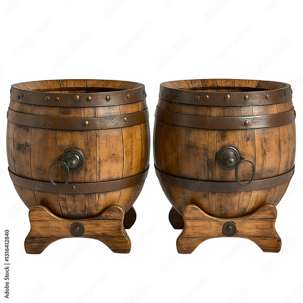 Fototapeta premium Wooden barrels creatively designed as decorative planters in a rustic interior setting with vintage charm