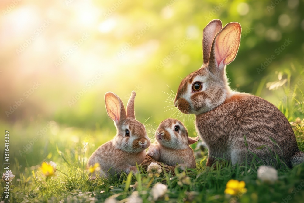 Family of rabbits resting in a sunlit meadow during springtime Family of rabbits resting in a sunlit meadow during springtime