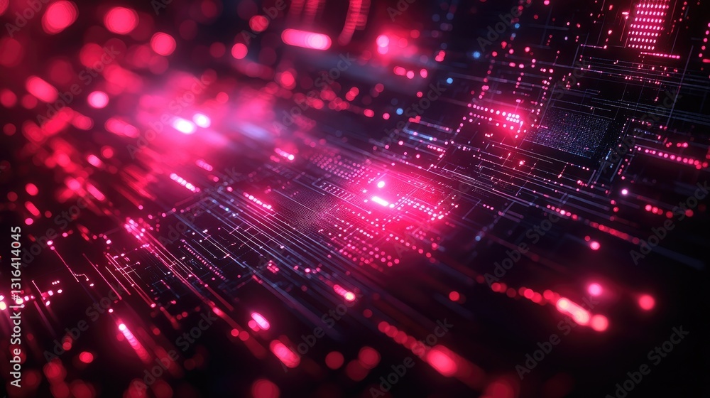 Obraz premium Abstract futuristic technology background with glowing circuitry and vibrant red hues representing digital advancement.