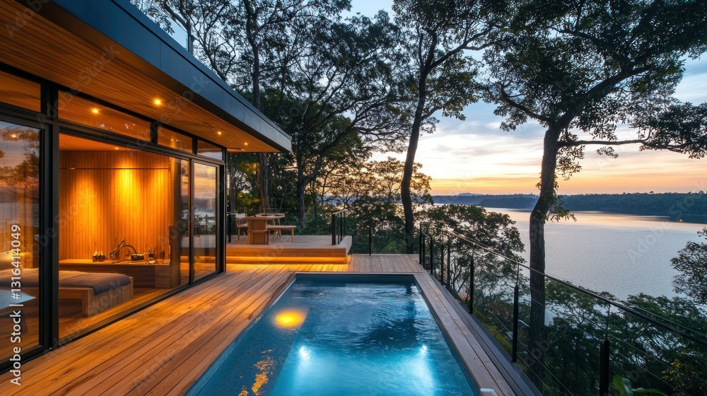 Fototapeta premium Modern cabin pool deck overlooking sunset water view