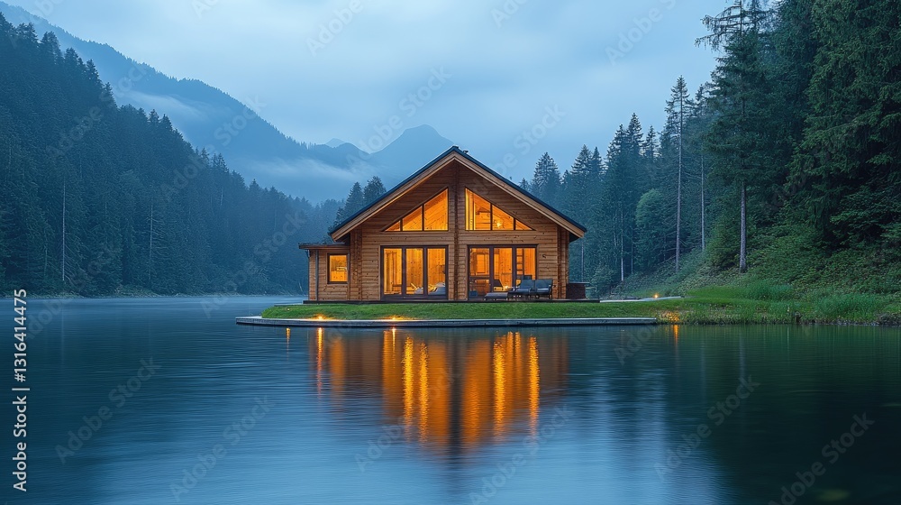 Fototapeta premium A serene wooden cabin reflecting in calm waters at twilight, nestled among trees in a mountainous landscape
