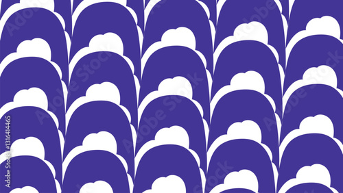 Abstract pattern of blue and white shoes on a black and white background with architectural elements like rooftops and balconies