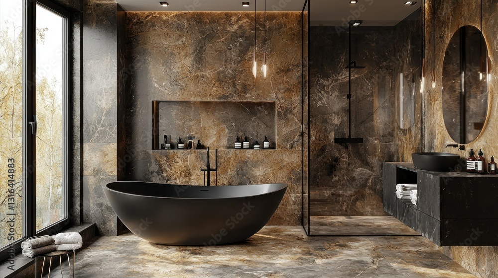 Modern luxury bathroom interior, featuring a black freestanding bathtub, marble walls, and a view of the autumn forest Modern luxury bathroom interior, featuring a black freestanding bathtub, marble walls, and a view of the autumn forest