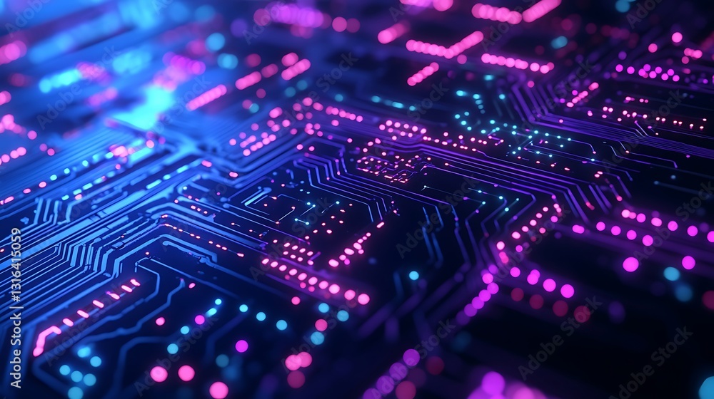 Obraz premium Glowing neon circuit board texture.