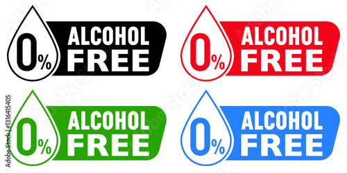 Alcohol-free label set showcasing product composition, featuring vibrant colored badges with the number "0" inside droplet shape.