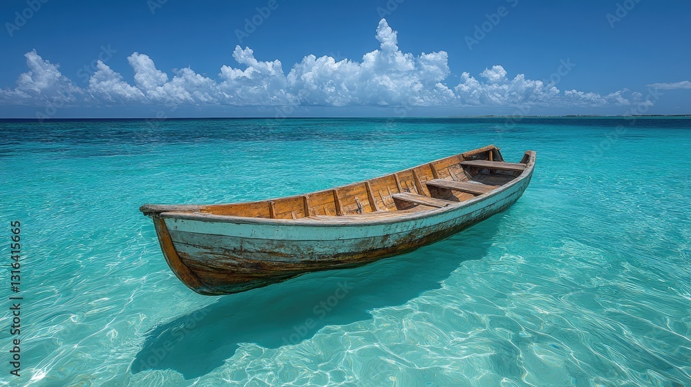 A tranquil wooden boat floating serenely in crystal-clear turquoise waters under a bright blue sky adorned with fluffy white clouds A tranquil wooden boat floating serenely in crystal-clear turquoise waters under a bright blue sky adorned with fluffy white clouds