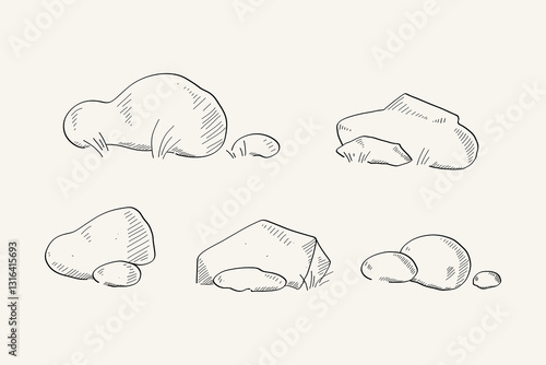 Stones cobblestones and grass on isolated background. Hand drawn vector set with rock in line art style. Nature, forest, landscape.  Design for card, print, paper, logo, sign, decor
